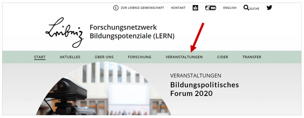 Screenshot LERN-Website Hauptseite Navigationsmenü