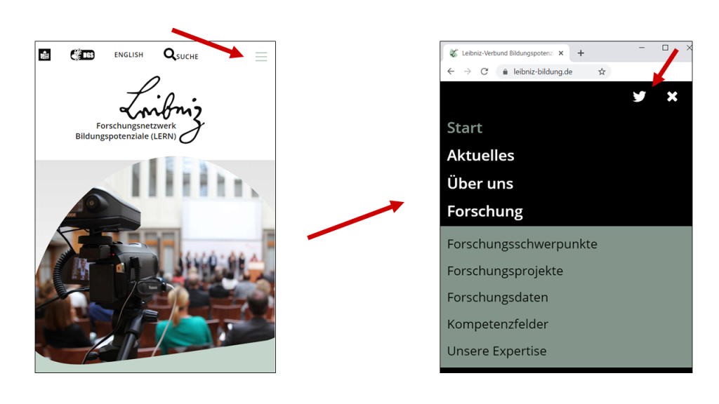 Screenshot LERN-Website mobile Navigation zum Twitter-Symbol