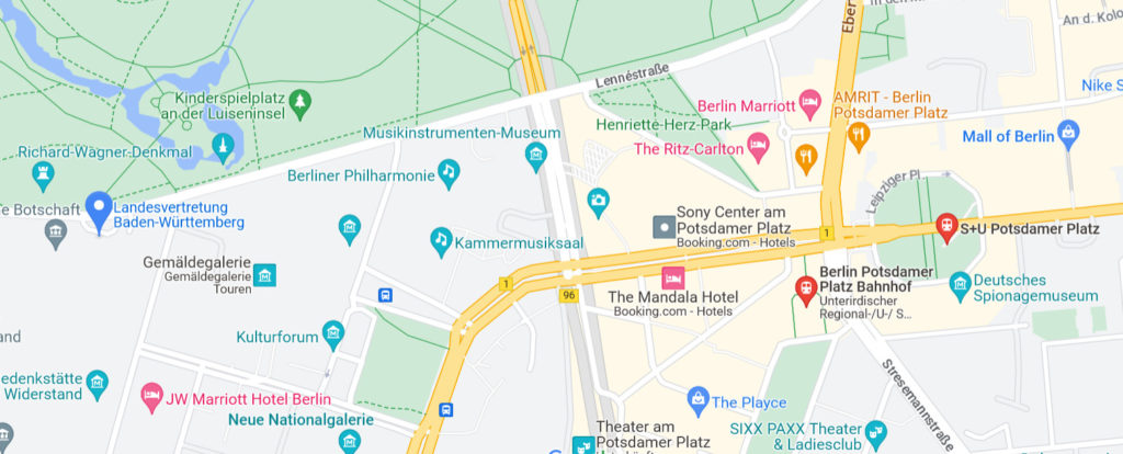 Google Maps Ausschnitt zwischen der Landesvertretung Baden-Württemberg und der U-/S-Bahn Station Potsdamer Platz